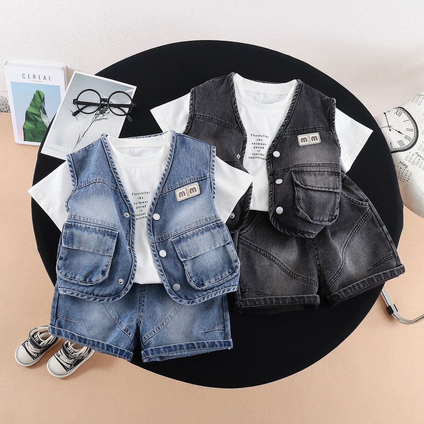 Bestseller Summer Suit 2026 New Children's Baby Denim Vest Short Sleeve Three-piece Set Korean Style Boys Casual Wear ALYCExiyuebaobao