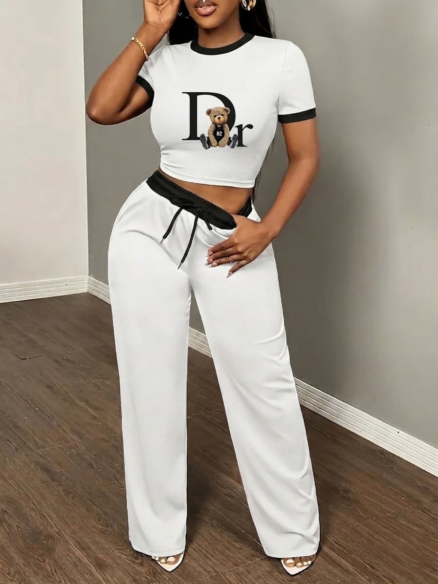 Women's Casual Sporty Two-Piece Set Short Sleeve Top Comfortable Pants Black White-1123
