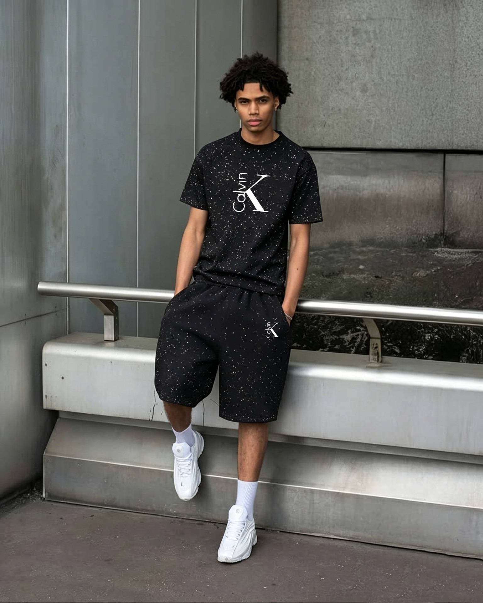 Men's Clothing New Summer Trendy Starry Sky Print Crew-Neck Hip-Hop Short-Sleeve T-Shirt Set