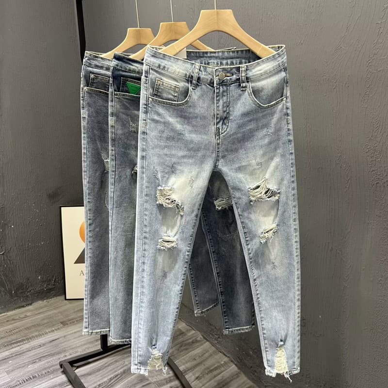 Men's Clothing Ripped Jeans Men's Thin Fashion Brand Summer Trendy Beggar Slim Light Color Nine Point Skinny Pants