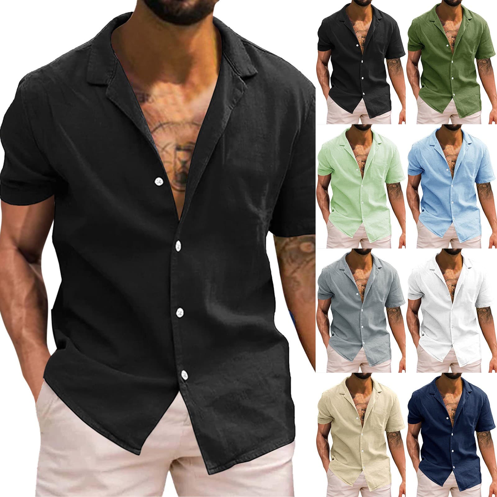 Black Beach Style Hawaii Shirt Tops Short Sleeve Turn-Down Collar Cotton Linen Button Blouse Work Travel Style Male Loose Shirt