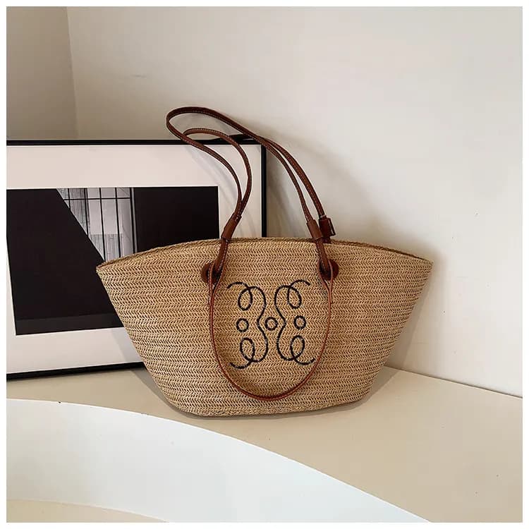 Women's Large Capacity Woven Satchel Summer Beach Straw Bucket Shoulder Bag