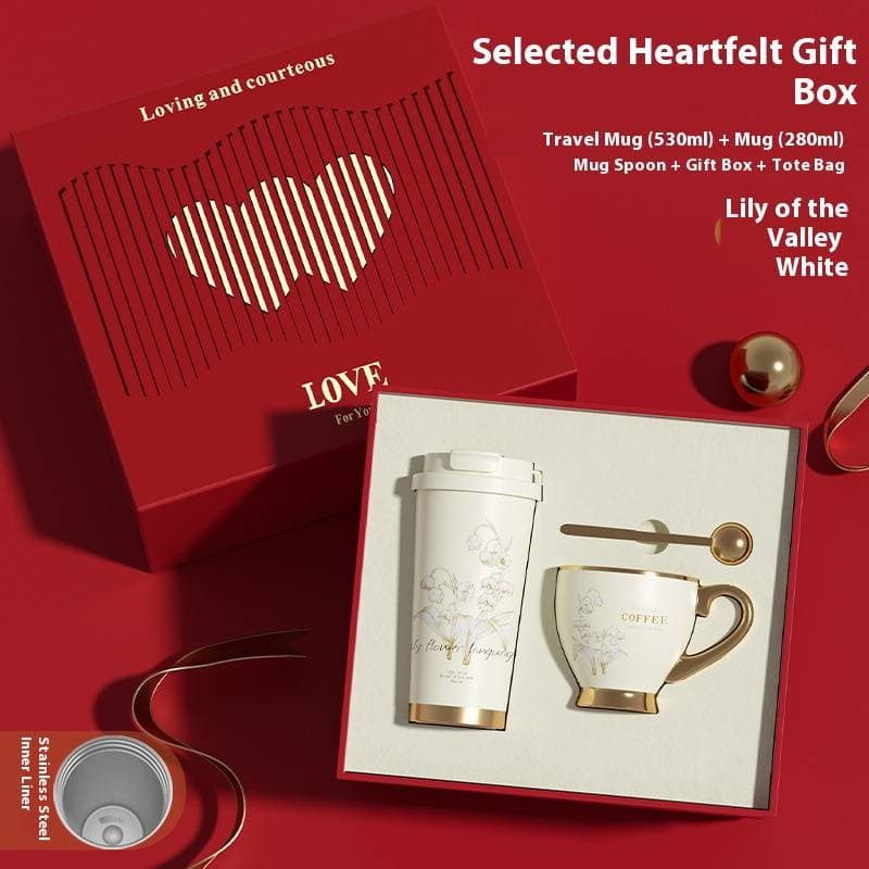 Lily Of The Valley Coffee Gift Set - Elegant Ceramic & Stainless Steel Travel Tumbler With Spoon (530ml, Office & Car Cup, Leak-Proof, Gift Box)