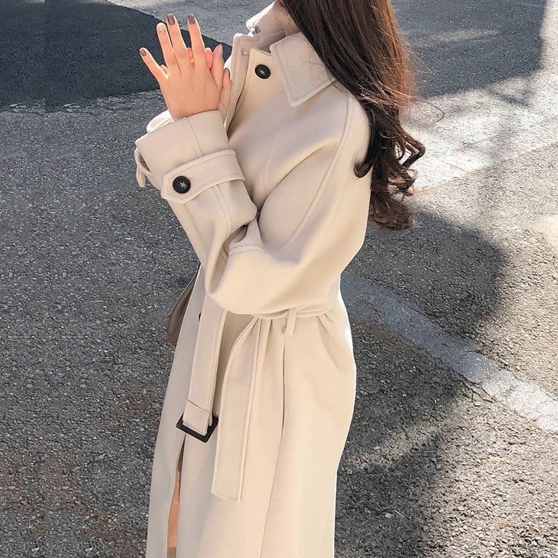 Oversized Wool Blend Coat – Korean Winter Trench With 3D Texture & Deep Pockets