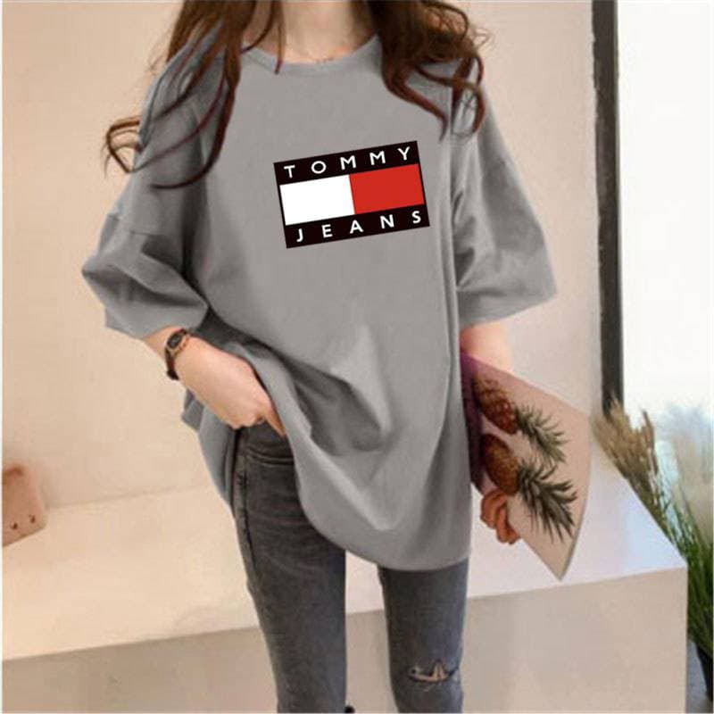 T-shirt mi-long imprimé pour femme, haut ample