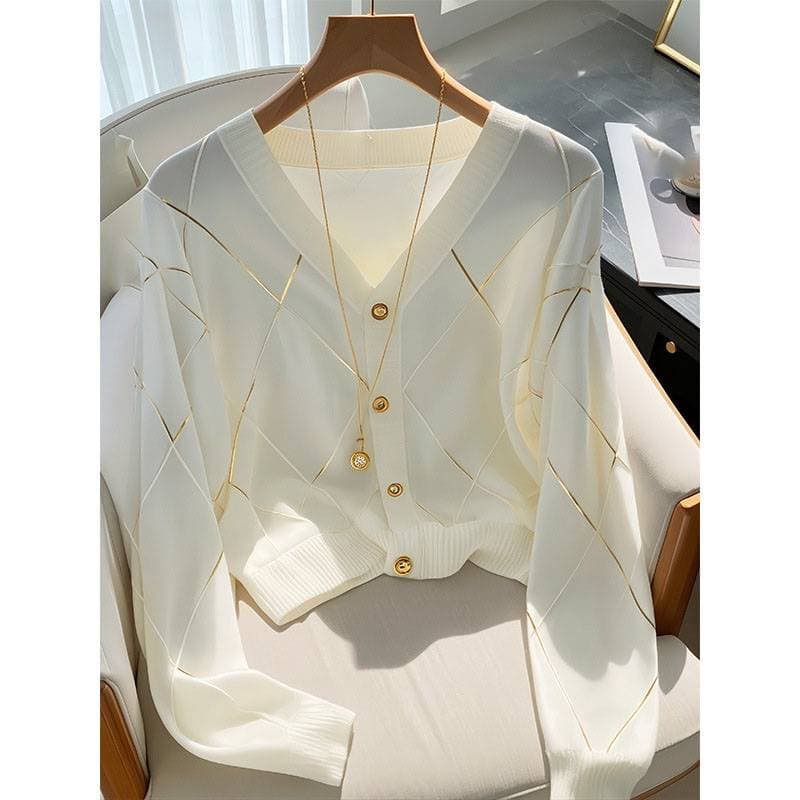 Women's Clothing White Knitted Cardigan Early Autumn Diamond Checkered Top Long Sleeved Jacket