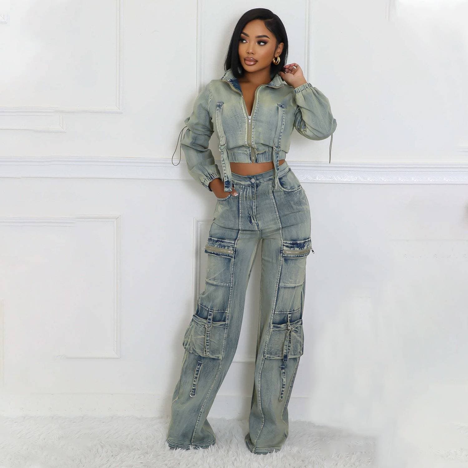 Women's Clothing Women's Fashion Sexy High Elastic Multi Pocket Washed Denim Casual Suit Two Piece Suit