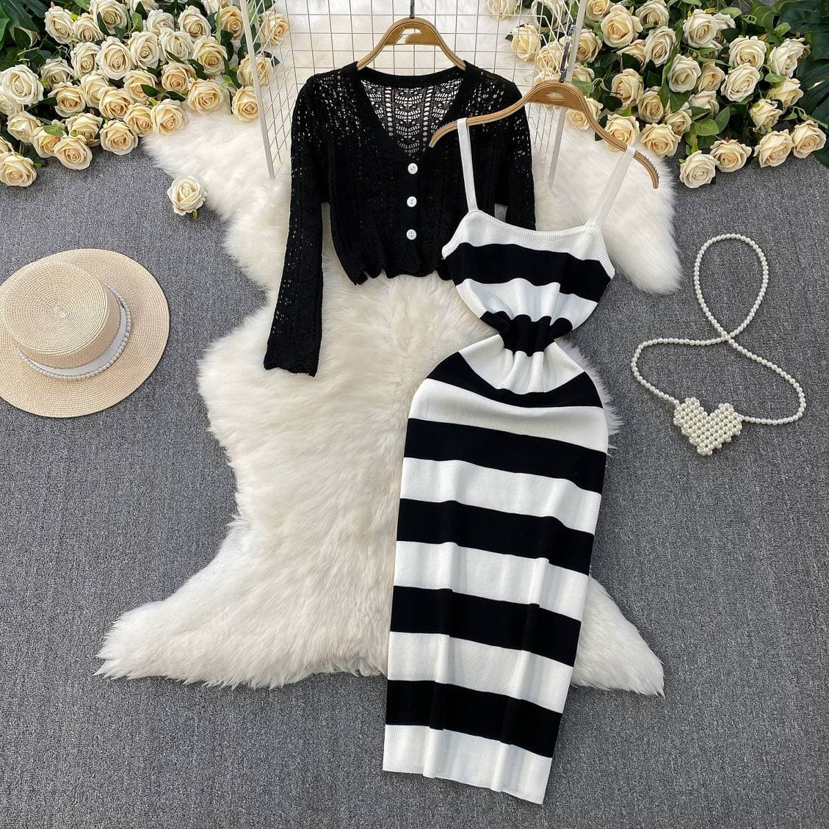 Women's Clothing V Neck Hollow Knitted Long Sleeved Sunscreen Cardigan Short Jacket Striped Temperament Suspender Dress Set