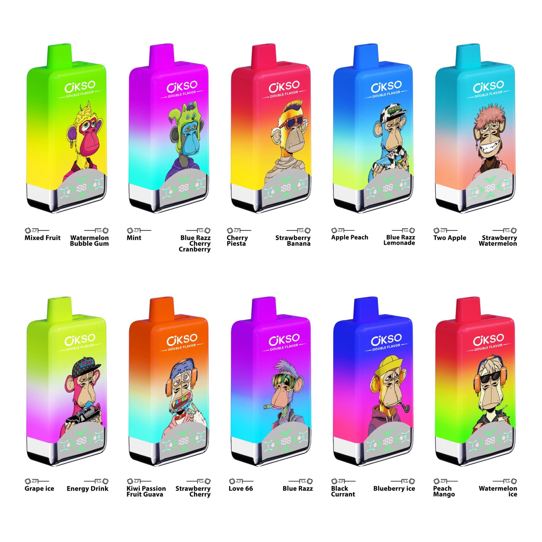 Lot de 10 vapes jetables 60 000 bouffées OKSO, toutes saveurs, double saveur, 2 e-liquides de 25 ml, écran de type C, porte-cigarettes rotatif