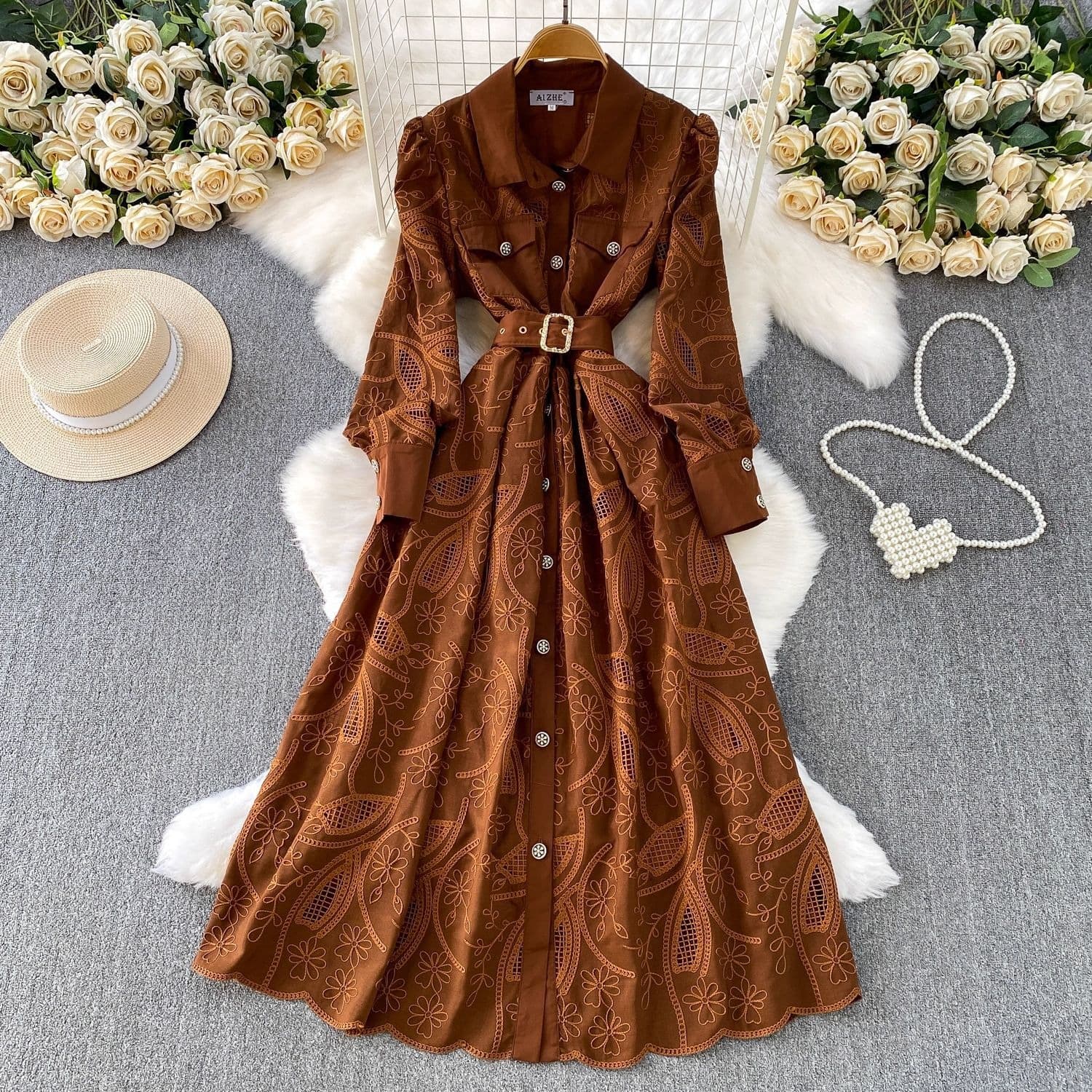 French-Inspired Embroidered Lantern Sleeve Dress – Elegant & Flattering (7 Colors Available)​