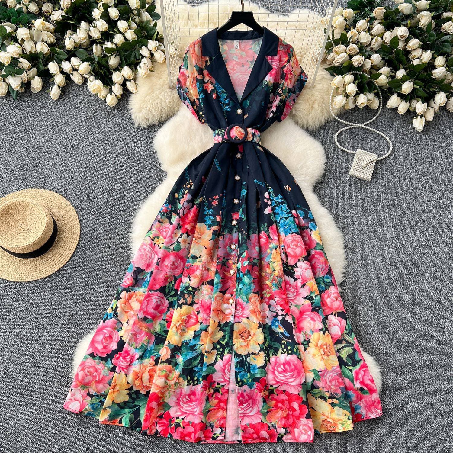 Women's Dress Summer Style Celebrity Temperament Waist Single Breasted Lapel Printed Medium Length