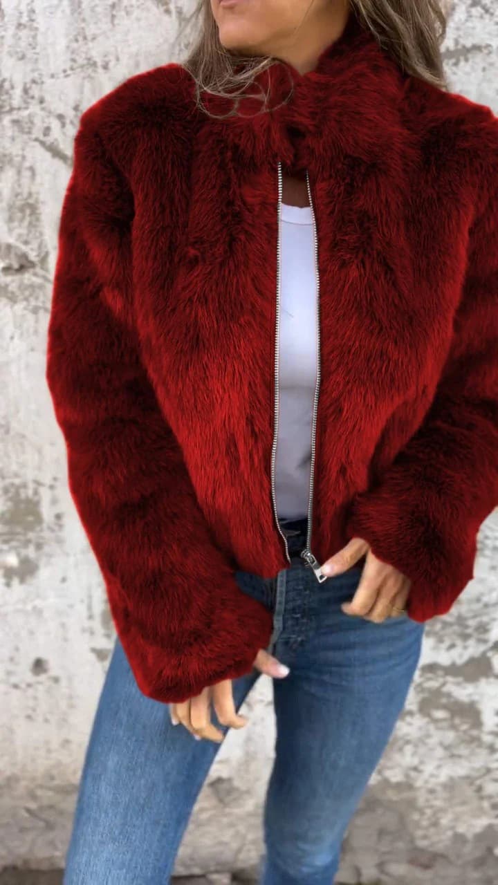Women's Faux Fur Zip-Up Jacket With High Neck - Trendy Winter Coat For Street Style (Black, Brown, Green, Blue, Red, Purple)