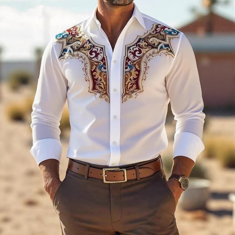 Chemise à manches longues pour homme, style western américain, ample, décontractée, à imprimé
