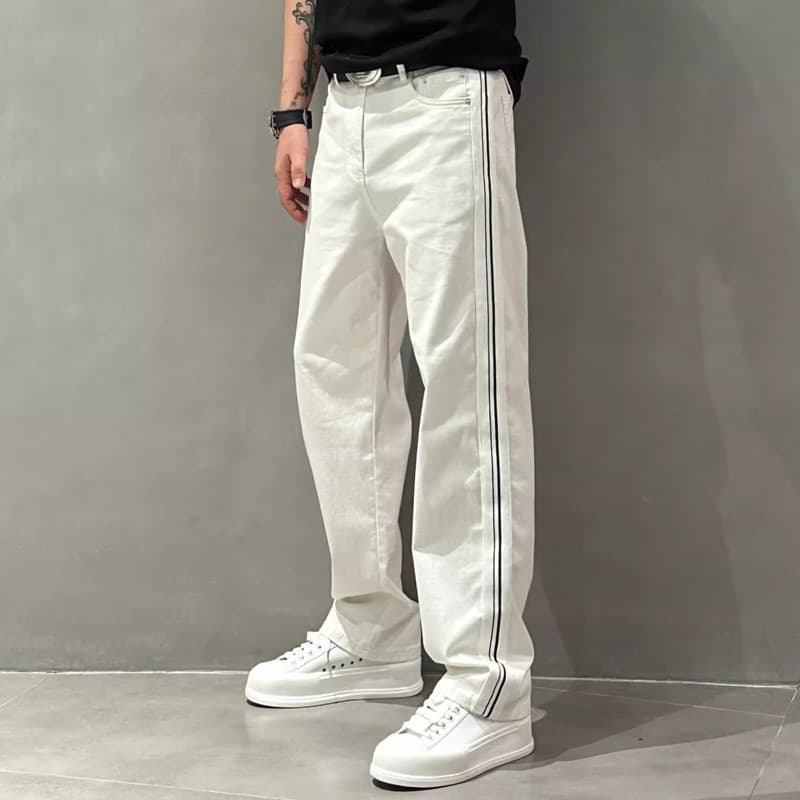 Men's Clothing Striped Stitching Straight Casual Pants Fashionable Loose White Jeans Men's Trend