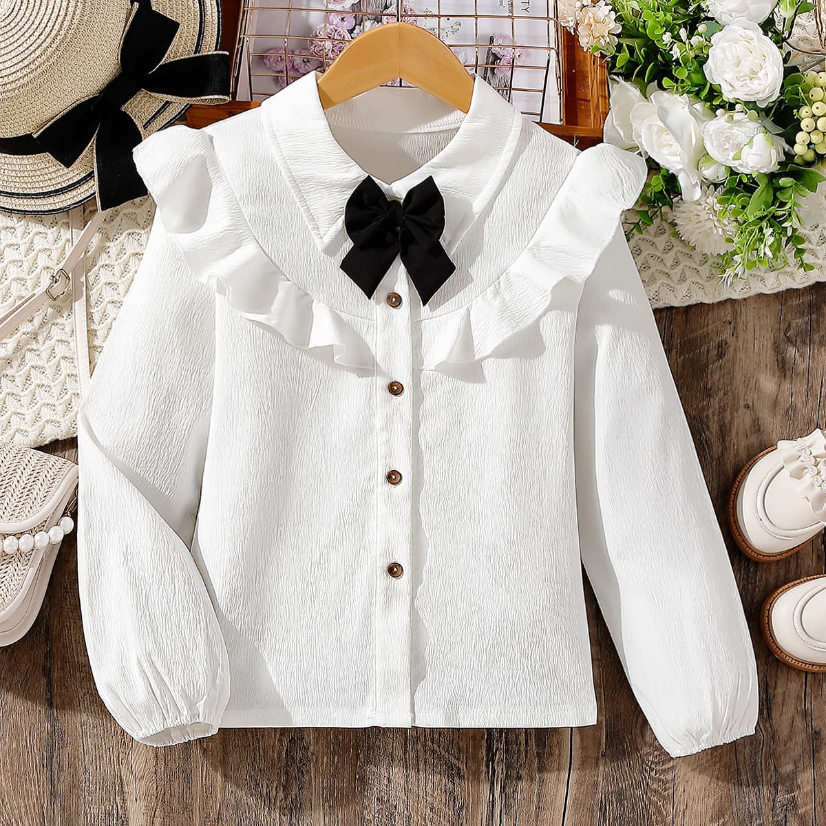 Mother&Kids Girls' shirt patchwork lace bow girls' suit shirt girls' base shirt tide