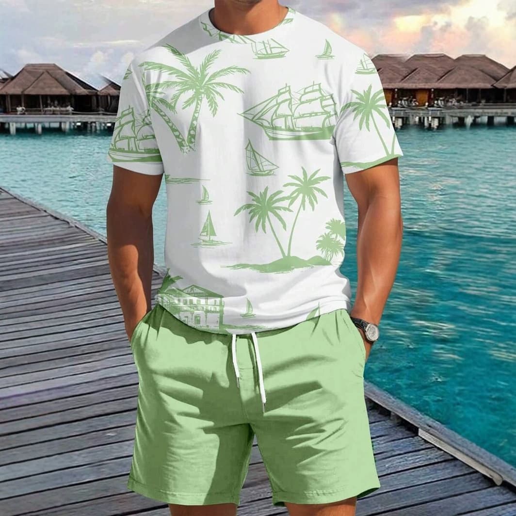 Summer Men's Printed Shorts Short Sleeves Casual Beach Suit