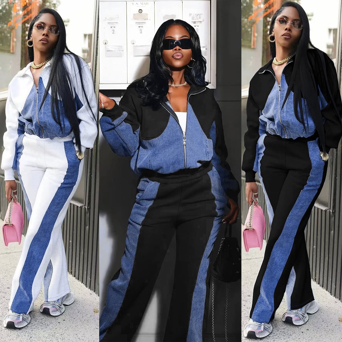Women's Clothing Denim Patchwork Suit Jacket Trousers Two Piece Suit