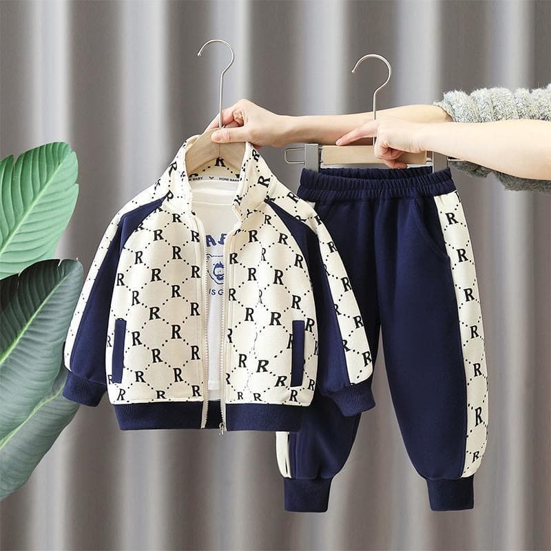 Mother & Kids Boys' Winter Fleece Tracksuit Set With Stand Collar - Cozy Two-Piece Outfit For Kids (3-8 Years, 100-140cm) - Blue & Beige Letter