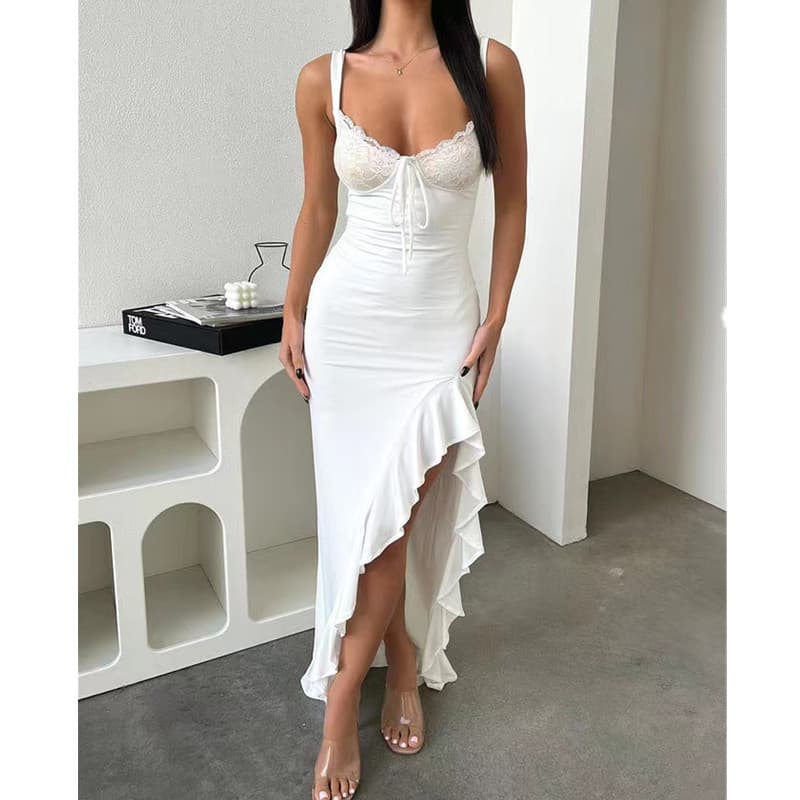Women's Clothing Solid Color Sexy Backless Suspenders Lace Ruffled Long Skirt
