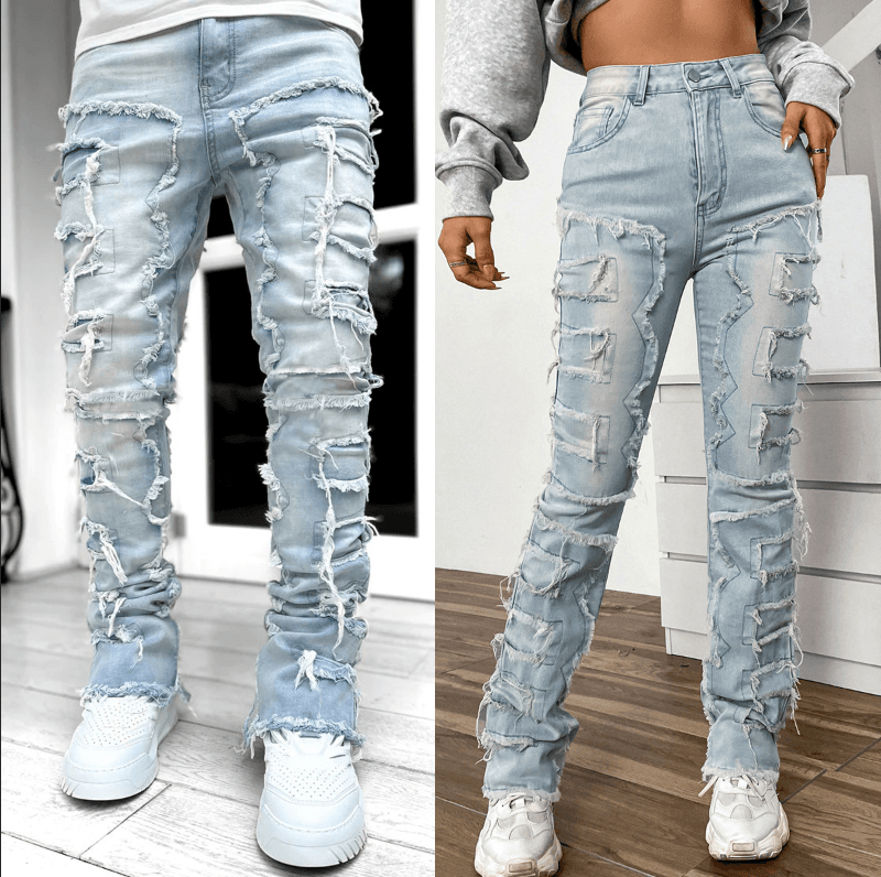 New Men's Denim 2024 Straight Pants European And American Street Fashion Ins Popular Stretch Patch Denim Straight Pants