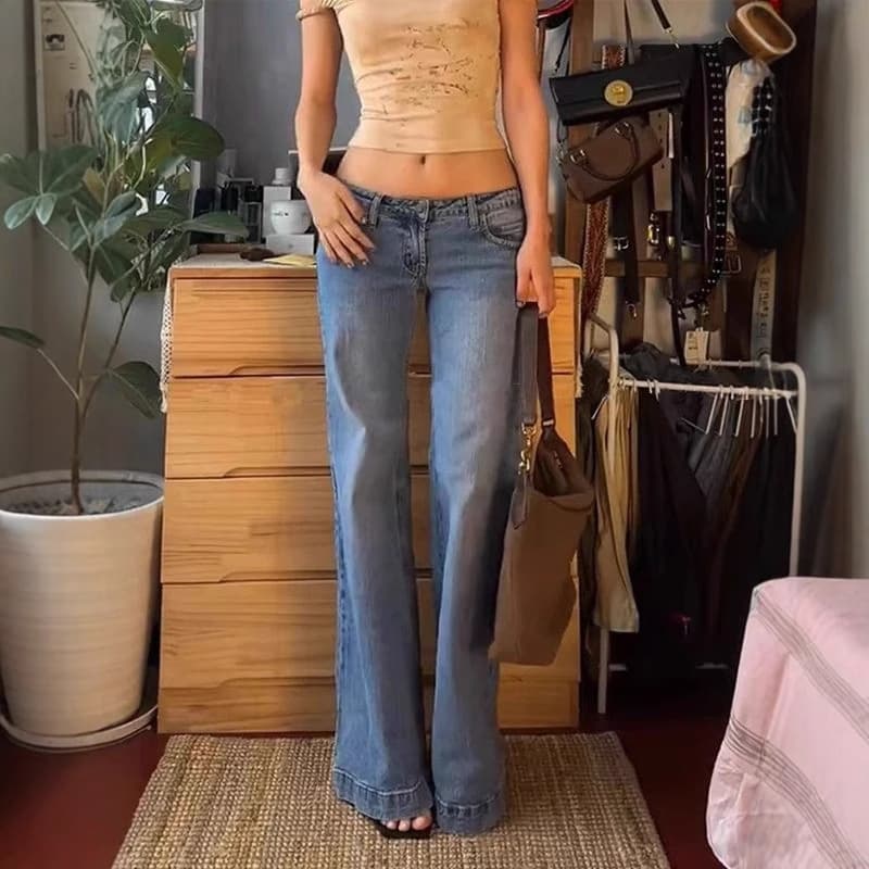 Women's Clothing Hot Girl Low Waist Washed Flared Jeans Female Casual Straight Mopping Trousers