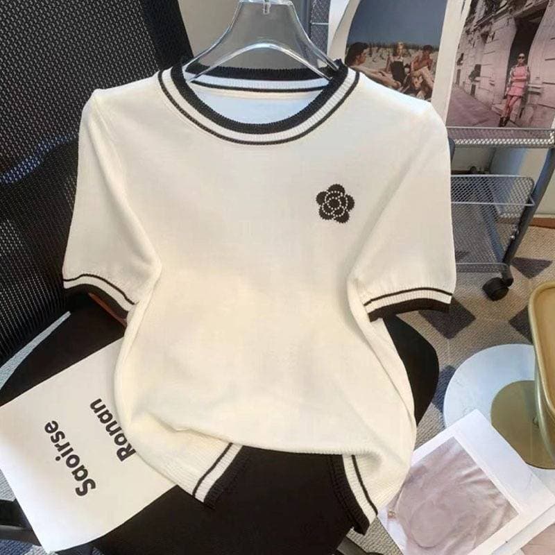Women's Clothing Camellia Embroidered Ice Silk Sweater Women's Short Sleeved T Shirt Summer Design Niche Thin Versatile Contrast Color Top