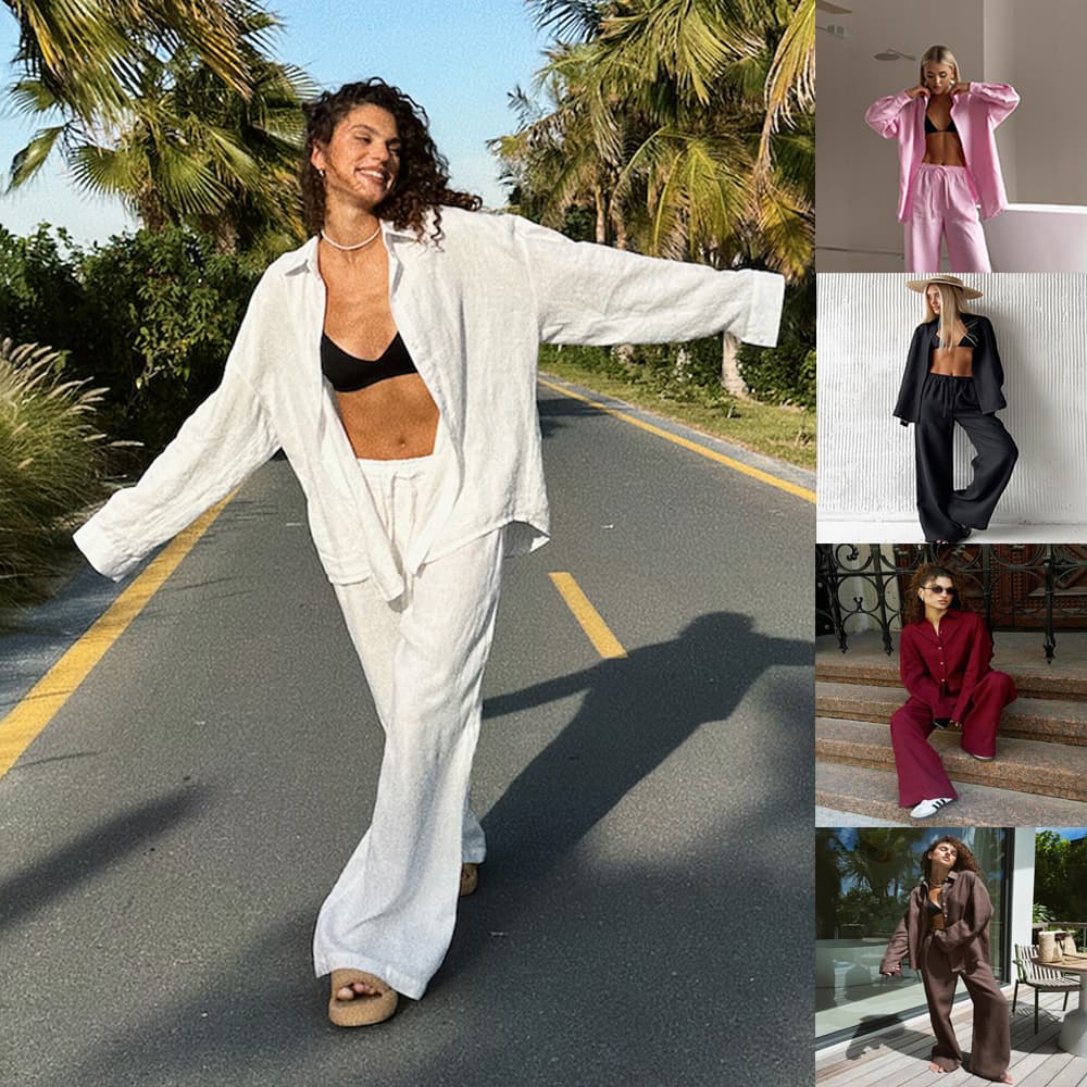 Women's Clothing Casual Two Piece Set Solid Color Trousers And Shirt Fashion Loose Fit