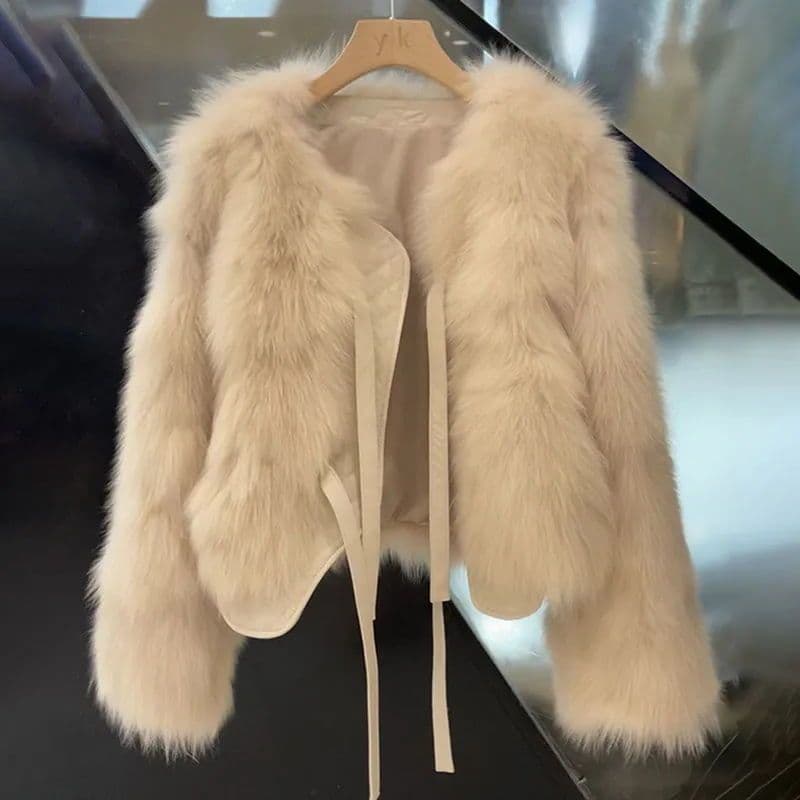 Women's clothing fox fur coat for women, age-reducing temperament, short versatile lace-up thick top