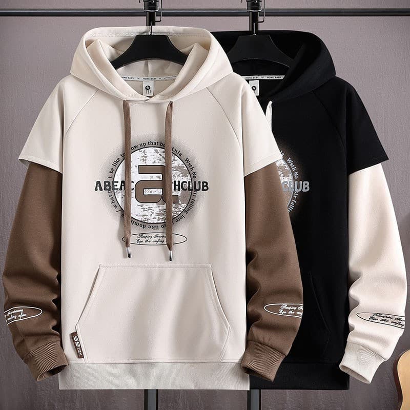 ​​Streetwear Fake Two-Piece Hoodie – Oversized Drop Shoulder Design (Brown/Black/Apricot, Sizes M-5XL)​​