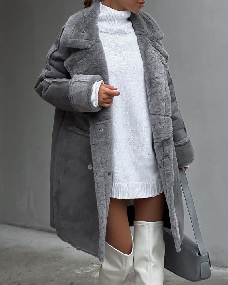 Women's suede suit collar cardigan long sleeve plush coat