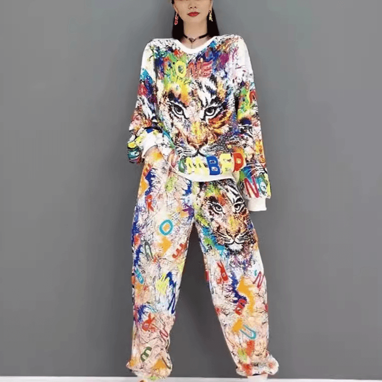 Women's Clothing fashion brand autumn fashion suit tiger head print loose casual sports two piece suit