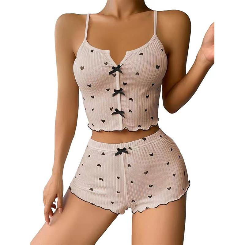 Sleepwears New Products Heart Shaped Printed Contrast Color Home Clothes Front Slit Suspender Pajamas Set