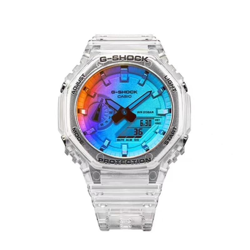 Montres de luxe pour femmes, dégradé de couleurs arc-en-ciel, transparentes, sport, multifonctions, pointeur lumineux, haut de gamme, GA-2100SRS-7A