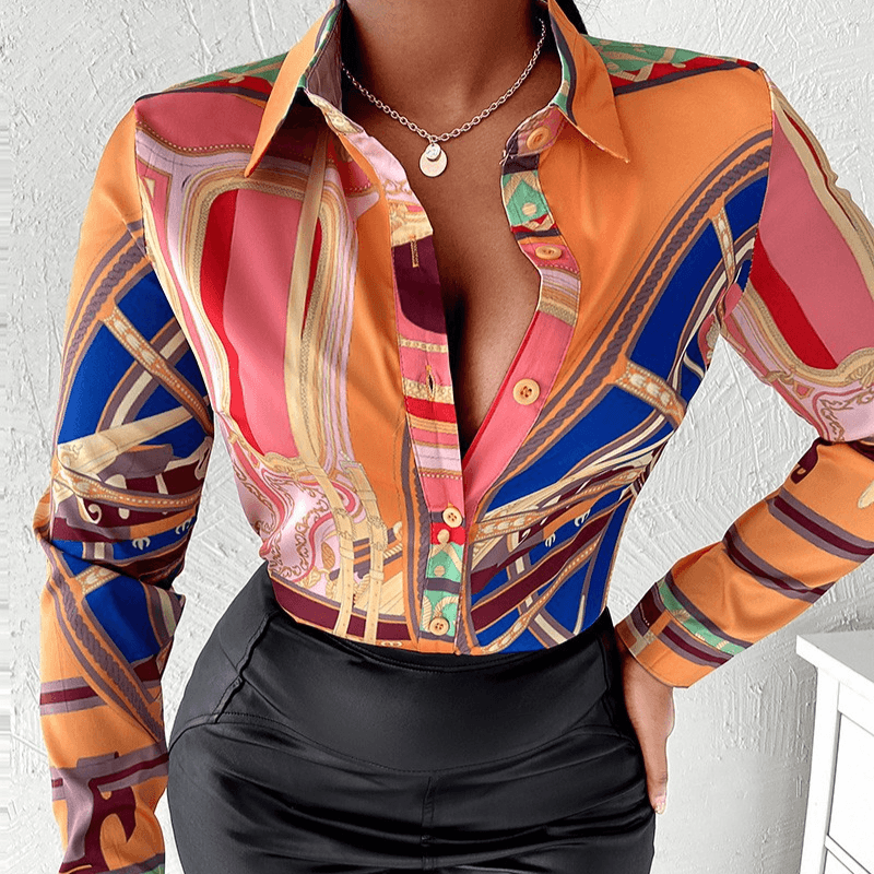 Women's shirt Long sleeve top lapel button button printed shirt