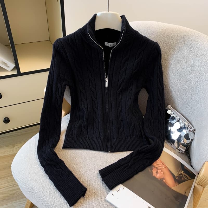 Chic Zip-Front Knit Cardigan – Cropped Stand Collar Sweater (Beige/Gray/Blue/Black) | Modern Layering Essential For Effortless Style​