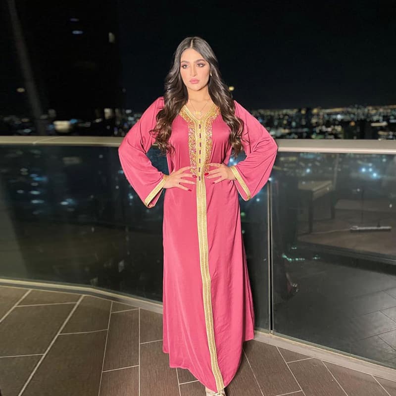 ​​Women's Embellished Abaya Dress - Elegant Muslim Long Dress With Crystal Beading & Lace Trim​​