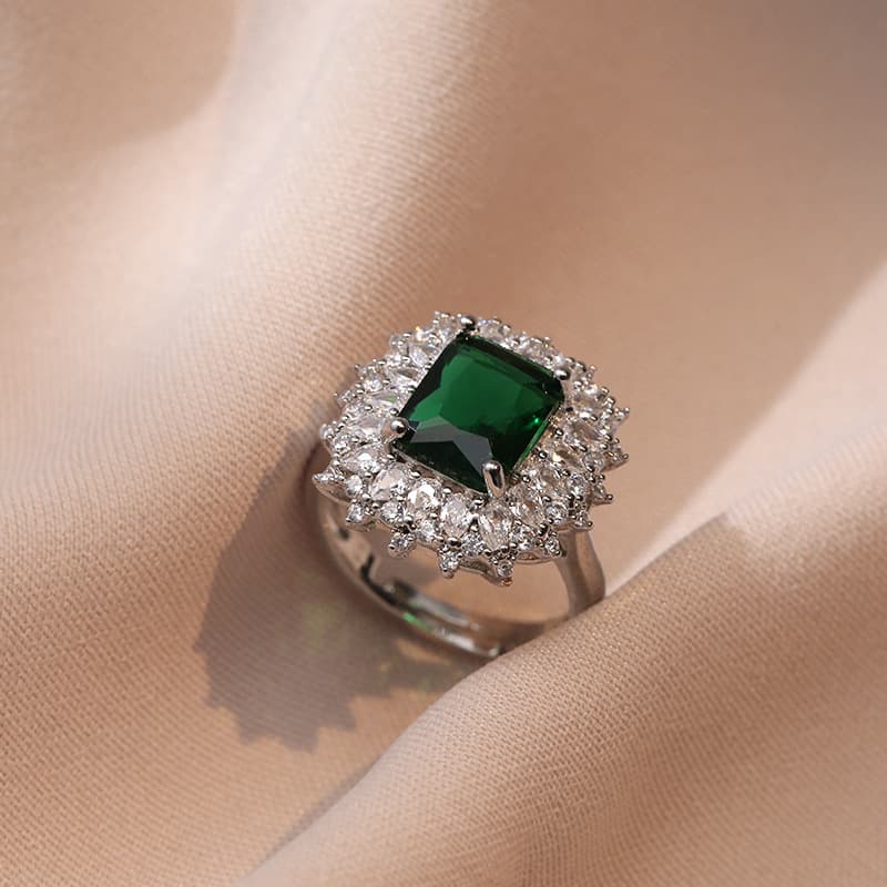 Ring Female Emerald Zircon Open Ring Sweet Niche Design Advanced Sense Finger Ring Internet Celebrity Adjustable Finger