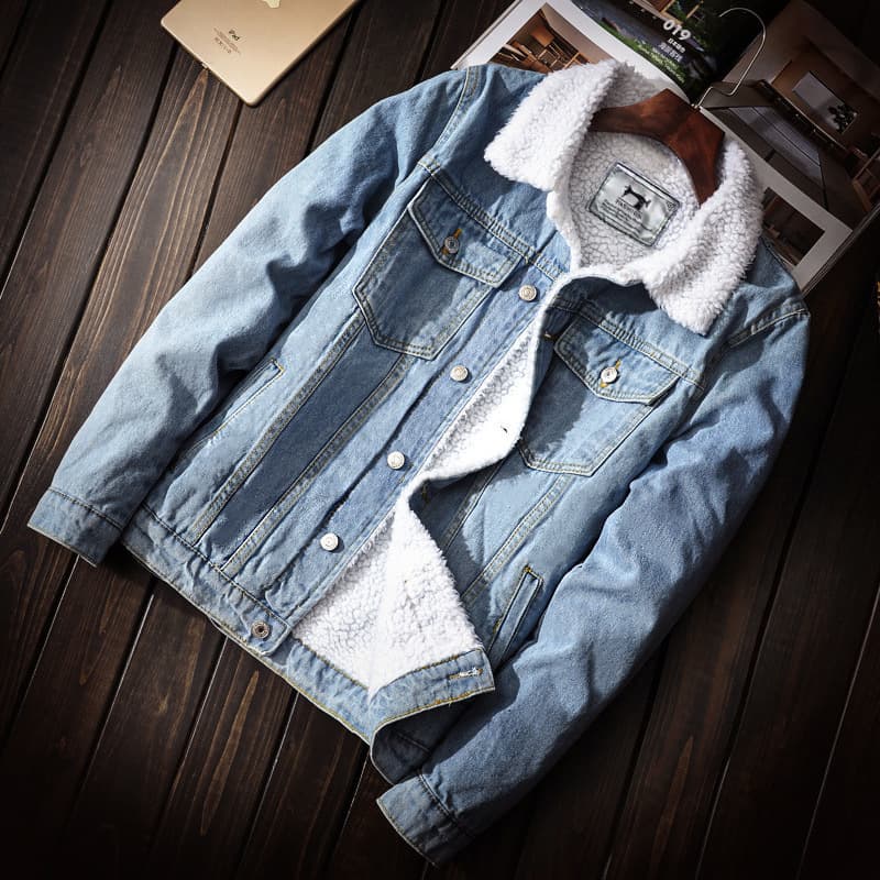 ​​Trendy Men's Light Washed Denim Jacket With Fleece Lining, Slim Fit Winter Coat, Casual Streetwear For Youth​