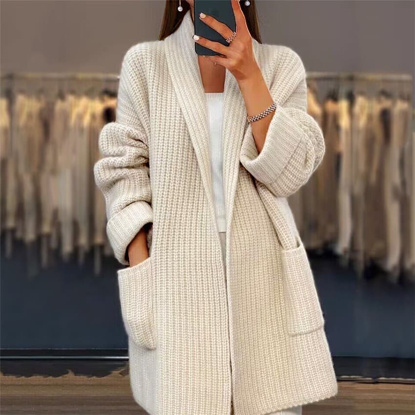 Women's Clothing thickened solid color V neck knitted cardigan loose pocket sweater jacket