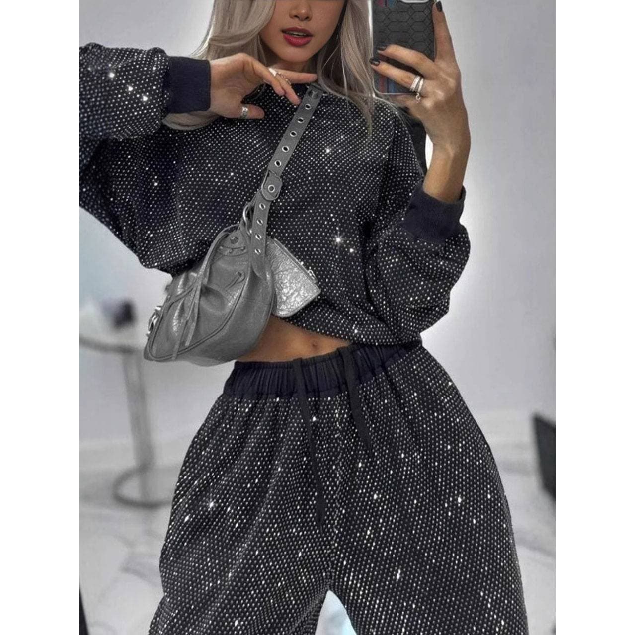 Women's Clothing Autumn And Winter Long Sleeved Round Neck Loose Top Drawstring Wide Leg Two Piece Suit