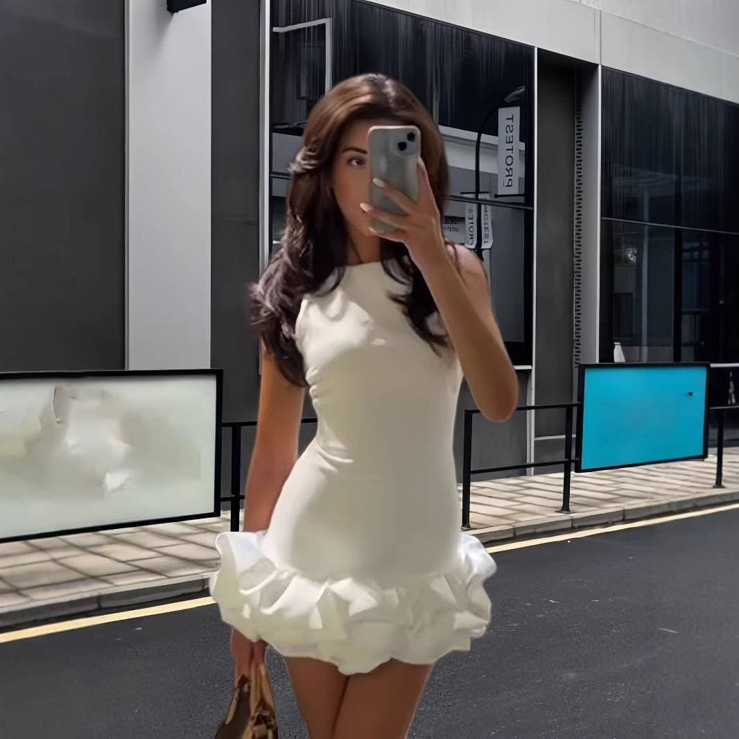 Women's Clothing Solid Color Wood Ear Edge Splicing Bud Skirt Autumn Fashion Sleeveless Round Neck Suspender Short Skirt