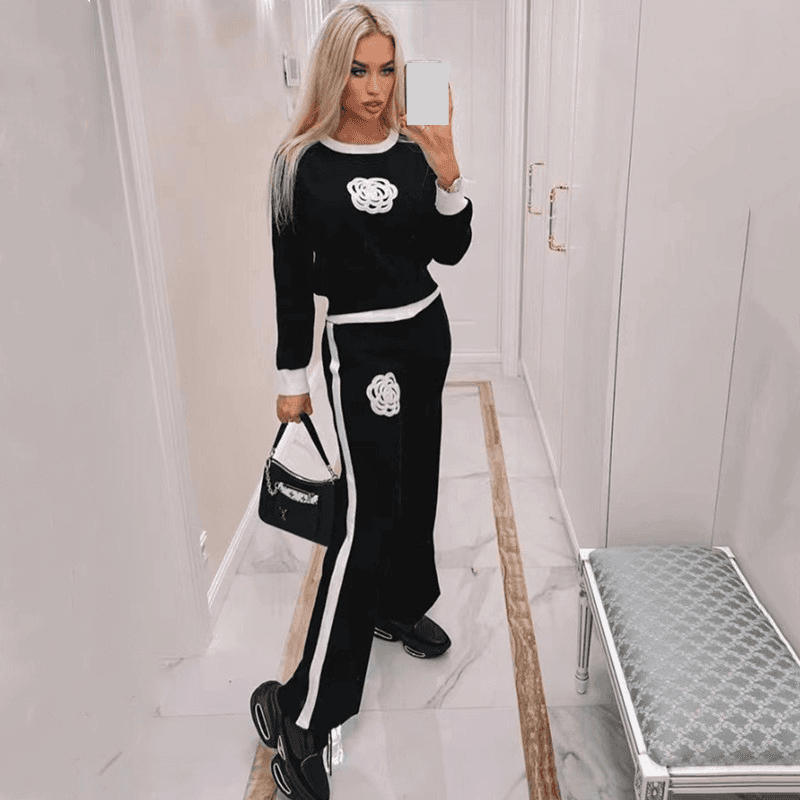 Women's Clothing camellia casual suit women's fashionable style knitted wide leg pants woolen two piece set