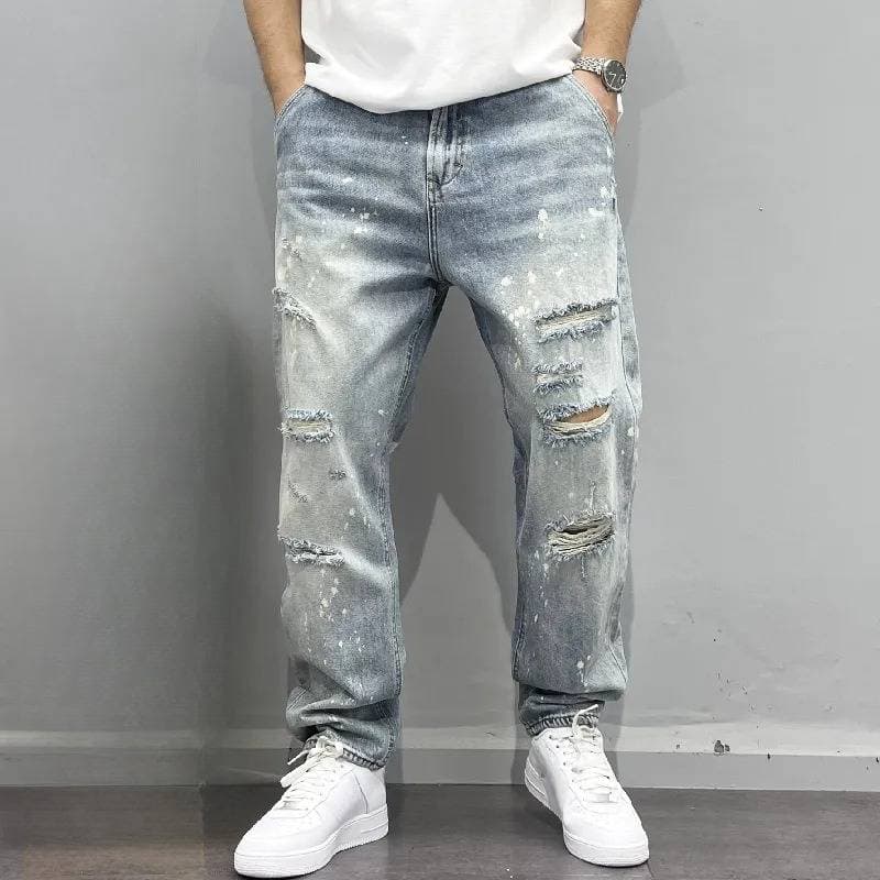 ​Streetwear Spray Paint Jeans - Distressed Washed Denim Pants With Graffiti Art, Straight Leg Unisex High Waist Ripped Jeans (Blue, 28-36)​