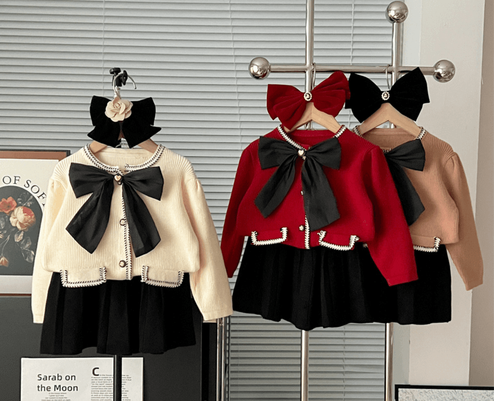 2024 Autumn And Winter New Girls Sweater Dress Korean Version Autumn And Winter Bow Knitted Puff Sleeve