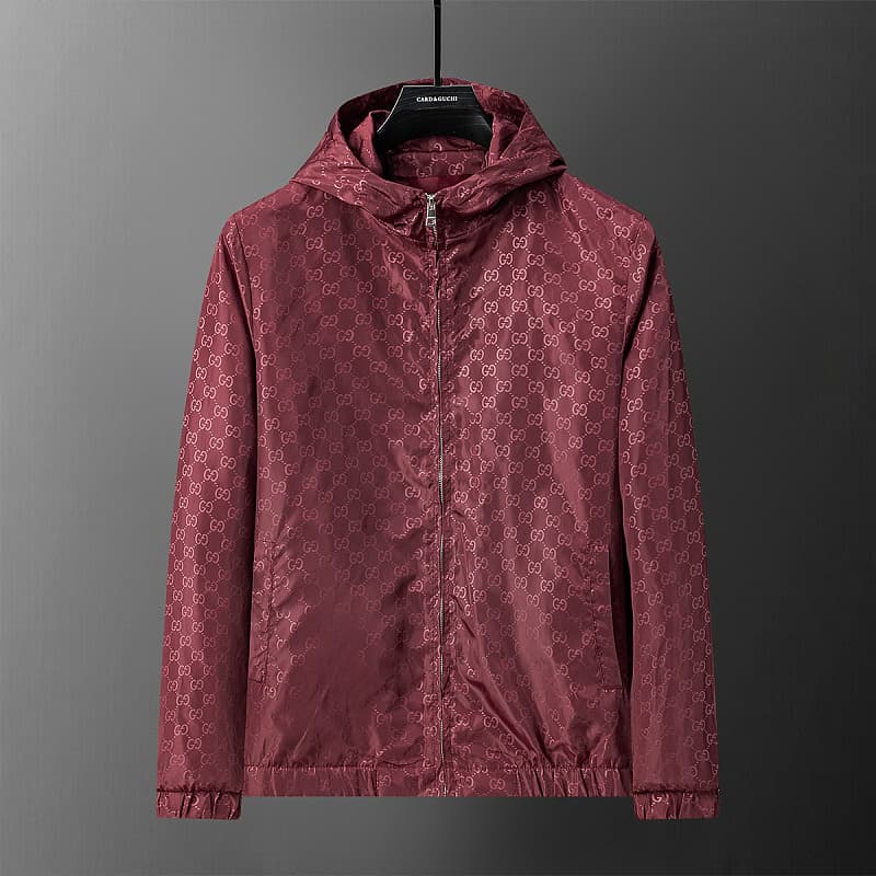 Veste coupe-vent à capuche imprimée GG monogramme intégral, manteau coupe-vent à fermeture éclair intégrale, vêtement d'extérieur décontract