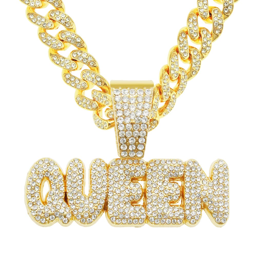 Men Hip Hop QUEEN Letter Pendant Necklace with 13mm Miami Cuban Chain Iced Out Bling HipHop Necklaces Fashion Women Jewelry