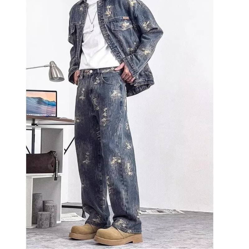 Men's Distressed Denim Set – Vintage Jacket & Pants (Relaxed Fit & Embroidered)​