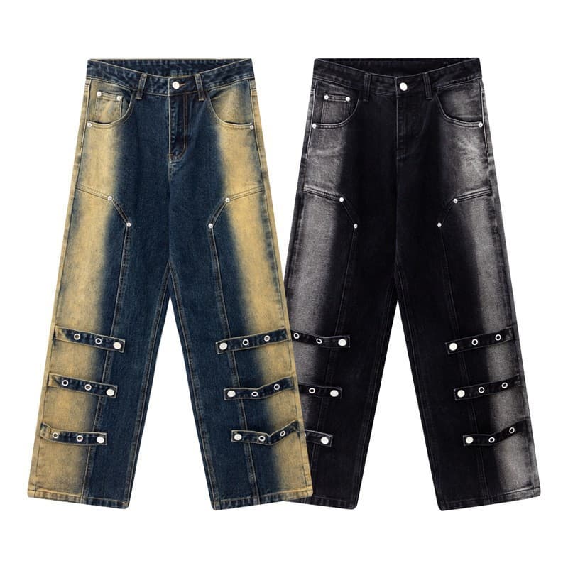 Men's Clothing High Street Washed Distressed Sprayed Monkey Straps Decorated Jeans Unisex Fashion Brand Loose Wide Leg Trousers