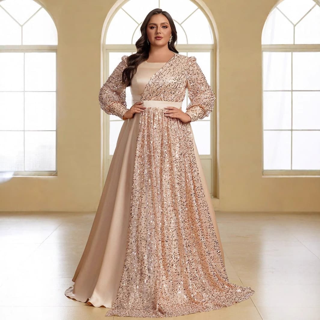 Women's plus Size Formal Evening Dress Elegant Sequined Satin Lantern Sleeve round Neck FSSL6225