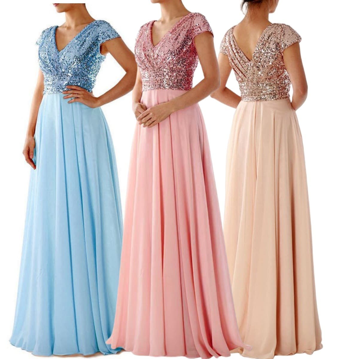 Women's Clothing summer new dress new V neck sequined chiffon splicing evening dress long skirt (4 colors)
